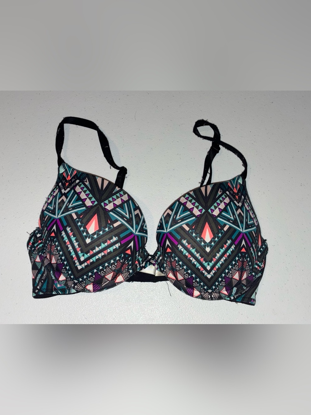Pink Victoria Secret Push-Up Bra with Geometric Print - Black Teal Pink 32C